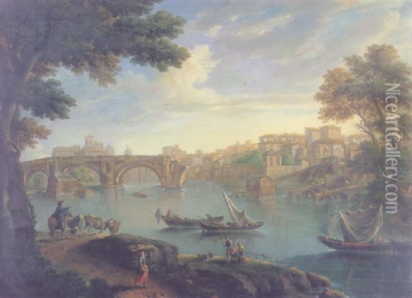 View Of The Tiber, Rome, With The Ponte Rotto Oil Painting - Paolo Anesi