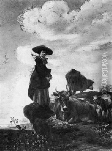 A Milkmaid Standing On The Lip Of A Bank Beside Her Herd Of Cattle And Sheep With A River Valley Beyond Oil Painting - Govert Dircksz Camphuysen