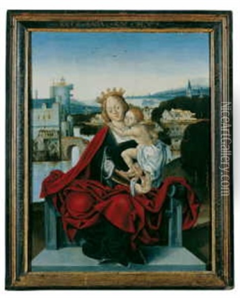 Madonna Mit Kind, Thronend. Im Hintergrund Eine An Einem Fluss Gelegene Stadt Oil Painting - Jacob Cornelisz Van Oostsanen