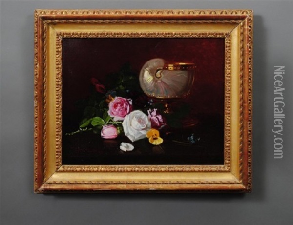 Still Life With Roses And Shell Vase Oil Painting - Edward Chalmers Leavitt
