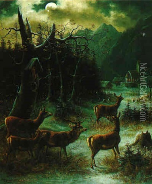 Deer By Moonlight Oil Painting - Moritz (Kindermueller) Mueller