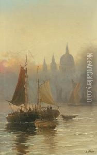 St Paul's From The Thames; Westminster From The Thames Oil Painting - Edwin Fletcher