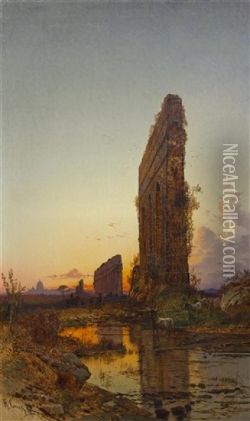 The Roman Aqueducts At Sunset Oil Painting - Hermann David Salomon Corrodi