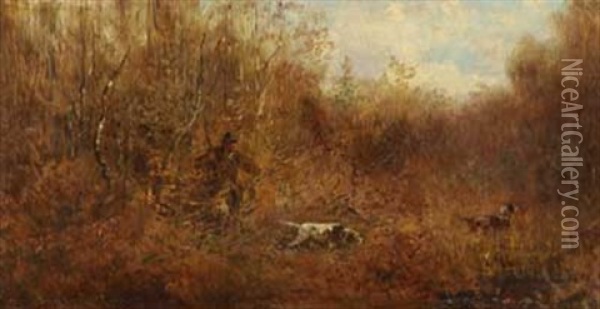 Auf Der Pirsch Auf Der Herbstlichen Lichtung Oil Painting - Anton Burger