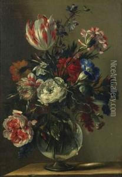 Bouquet De Fleurs Dans Un Vase Sur Un Entablement Oil Painting - Nicolas Baudesson