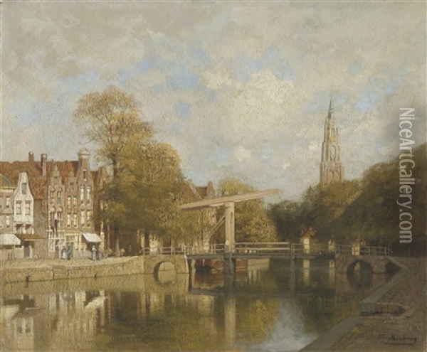 A View Of Delft With The Nieuwe Kerk In The Distance Oil Painting - Johannes Christiaan Karel Klinkenberg