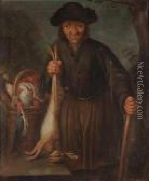 A Peasant Man Holding A Dead 
Hare With A Basket Of Dead Birds Beside Him; And A Peasant Woman Holding
 A Dead Fox With A Basket Of Chickens Over Her Arm Oil Painting - Giacomo Francesco Cipper