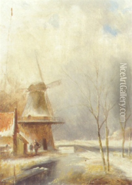 A Winter Landscape With Peasants Conversing By A Windmill Oil Painting - Jan Evert Morel the Younger