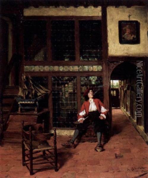Rauchender Junger Mann In Einem Althollandischen Interieur Oil Painting - Albert Friedrich Schroeder