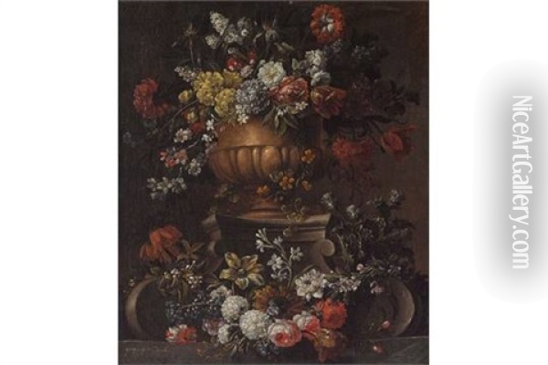 Blumenstillleben In Einer Terrakottavase Auf Volutensockel Oil Painting - Gaspar Pieter Verbrueggen the Elder