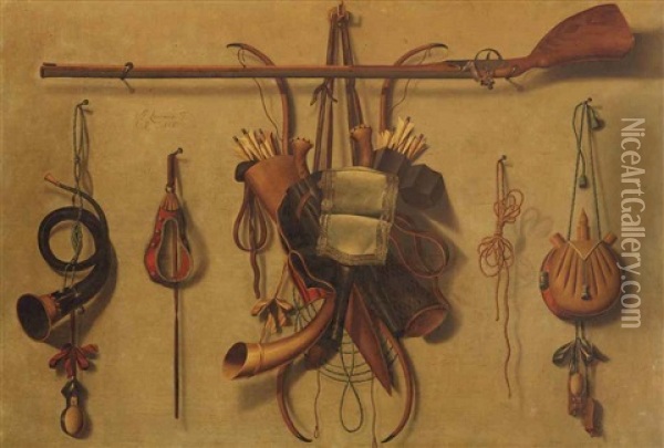 A Trompe L'oeil Still Life With Hunting Paraphernalia Hanging On A Wall Oil Painting - Johannes Leemans