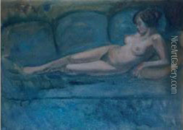 Femme Nue Au Sofa Bleu Oil Painting - Fernand Piet