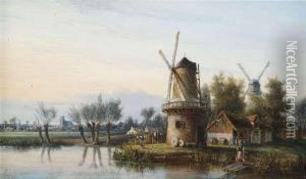 Dutch Landscape With Windmills, In The Backround A Town'ssilhouette. Oil Painting - Hermann Ludwig Seefisch
