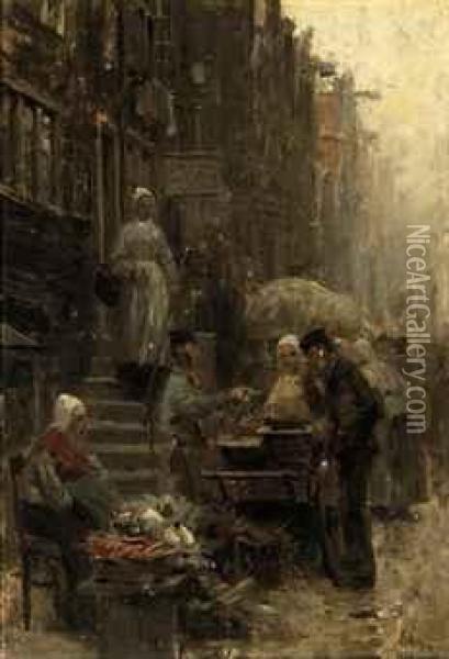 A Busy Street Scene With Market Stalls Oil Painting - Otto Eckmann