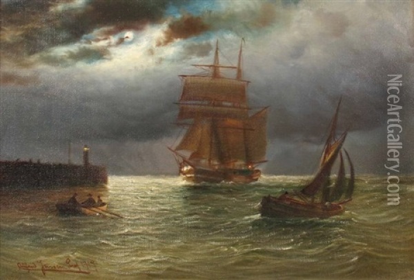 Segelschiff Und Boote Vor Der Mole Bei Vollmond Oil Painting - Alfred Serenius Jensen
