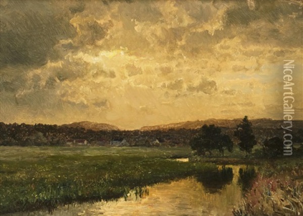 Flodlandskap I Solnedgang Oil Painting - Edward (Johan-Edvard) Bergh
