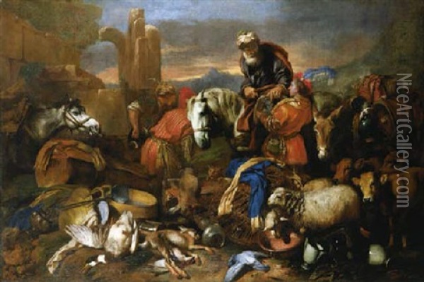 Jacob's Journey Into Egypt Oil Painting - Giovanni Benedetto Castiglione