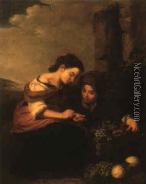 A Young Boy Selling Fruit To A Girl Oil Painting - Bartolome Esteban Murillo