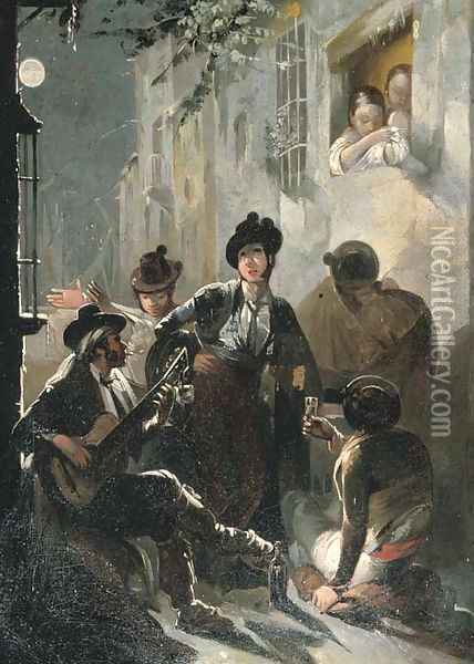 Musicians playing a serenade in an alley Oil Painting - Spanish School