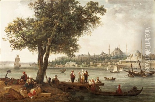 Vue De La Pointe Du Serail Prise De Galata, Constantinople Oil Painting - Jean-Baptiste Hilaire