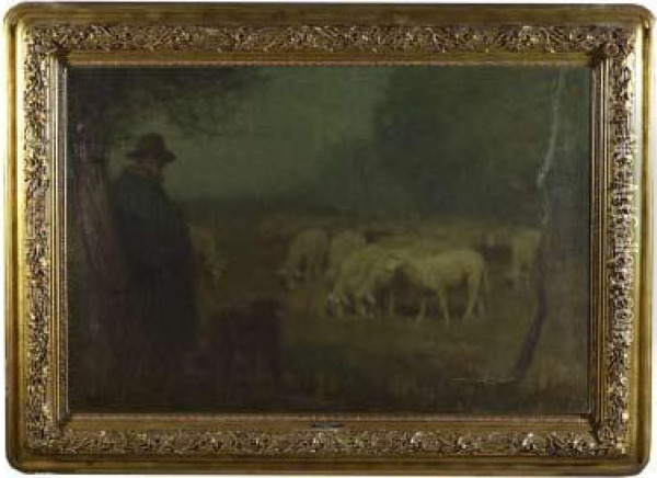 Nachtliche Waldlichtung Mit Schafer Und Herde Oil Painting - Julius Hugo Bergmann