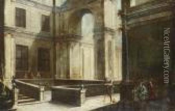 Elegant Figures In An Architectural Courtyard Oil Painting - Viviano Codazzi