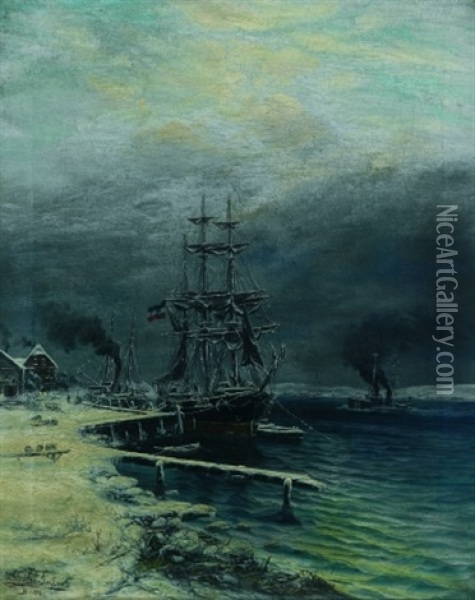 Bark Unter Schleswig-holsteinischer Flagge Im Verschneiten Hafen Oil Painting - Max Schroeder-Greifswald the Younger