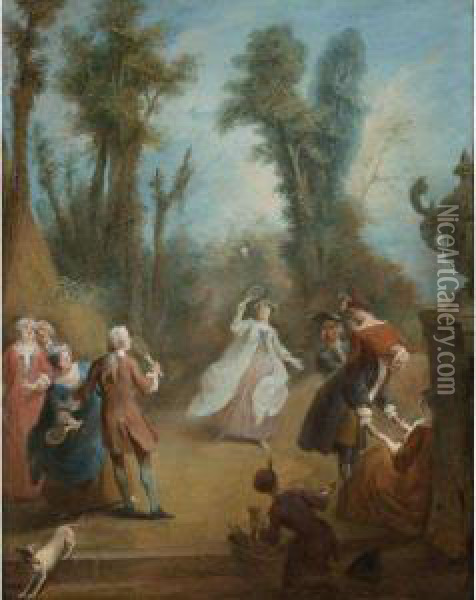 Elegant Figures Playing Shuttlecock In A Park Oil Painting - Pierre Antoine Quillard