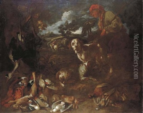 A Wooded Landscape With A Falconer And Two Dogs With Dead Game, A Huntsman Beyond Oil Painting - Francesco Castiglione