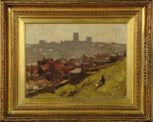 Durham-a Figure On A Hillside Overlooking The City Oil Painting - George, Sir Reid