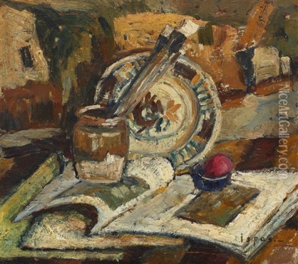 Still Life With Books And Brushes Oil Painting - Ioan Th. Ispas