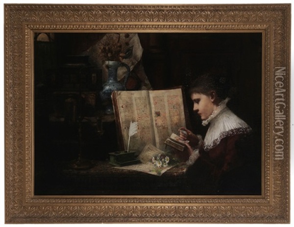 Woman Studying Manuscripts, Boston Oil Painting - George Von Hoesslin
