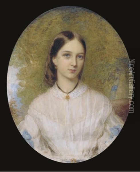 A Young Lady, Seated In White Dress With Lace Collar, Blue Ribbons At Her Elbows, Dark Hair, Wearing A Gold Necklace Suspended From A Black Ribbon; Landscape Background Oil Painting - Reginald Easton