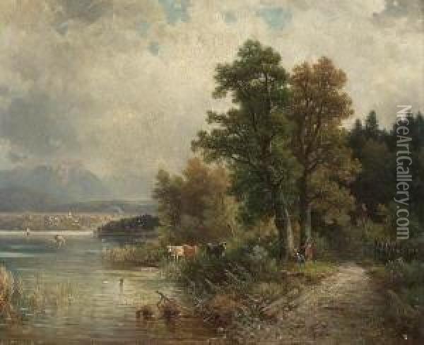 Zwei Rastende Magde Mit Ihren
 Kuhen Am Ufer Oil Painting - Henri Louis Ludwig