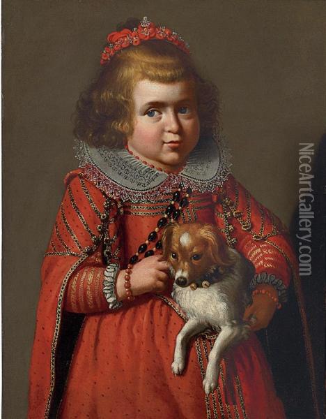 Portrait Of A Girl In A Red Dress Holding Her Dog Oil Painting - Carlo Ceresa