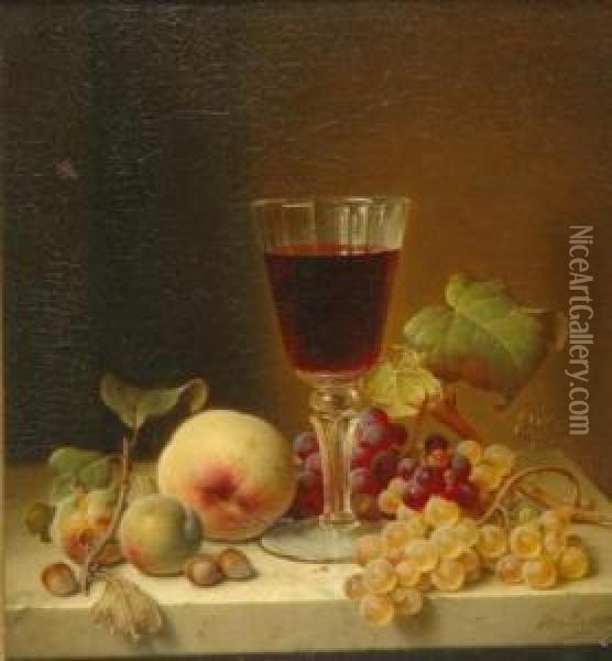 Grapes, Oysters, Lemon, Almonds And A Flute Of Champagne On Adraped Ledge Oil Painting - Johann Wilhelm Preyer