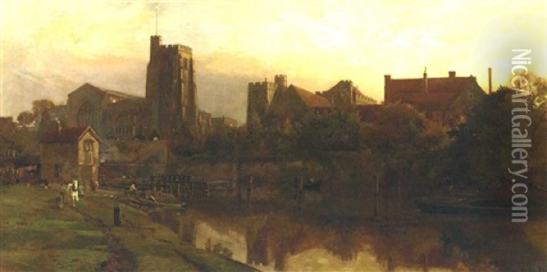 All Saints Church And The Bishop's Palace On The Medway, Maidstone Oil Painting - Harry Goodwin