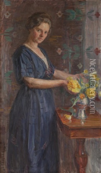 Kvinne Med Blomstervase Oil Painting - August Eiebakke