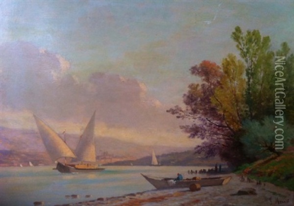 Barque Du Leman, Vers Geneve, Depuis La Rive Droite Oil Painting - Louis Mennet