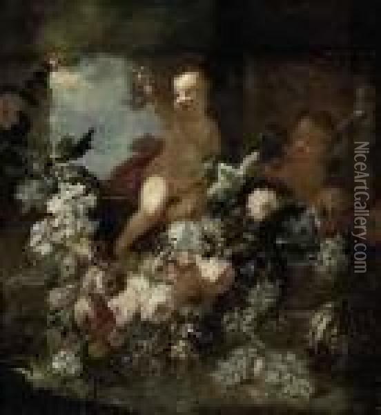 Putti Disporting Beside A Fountain With Flowers Oil Painting - Frans Werner Von Tamm