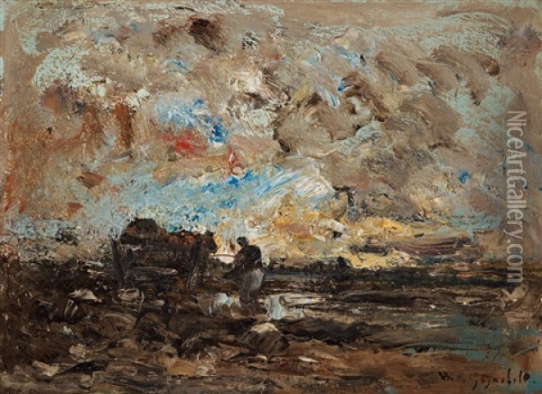 Landscape At Dawn With Farmer And Cart Oil Painting - Wilhelm von Gegerfelt