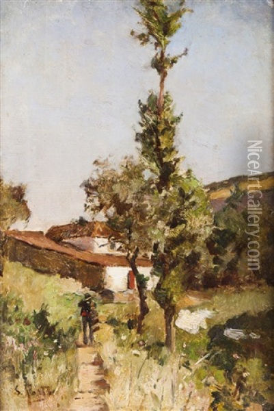 Landscape With Houses, Figure And Trees Oil Painting - Silva Porto
