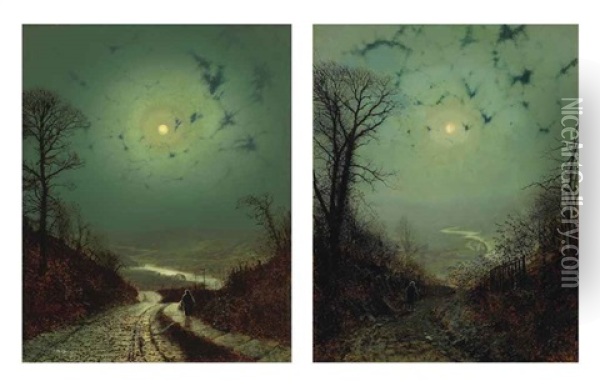 Moonlight, Wharfedale (pair) Oil Painting - John Atkinson Grimshaw