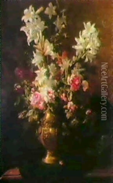 Lyserode Roser Og Hvide Liljer                              I En Vase Pa Et Bord Oil Painting - Eugene Petit