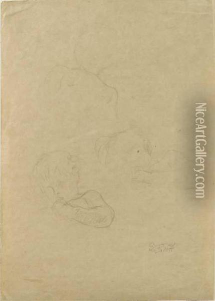 Children's Heads - A Sketch Sheet Oil Painting - Gustav Klimt
