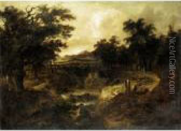 A Wooded River Landscape, With Figures On A Path By A Cascade Oil Painting - Jacob Salomonsz. Ruysdael