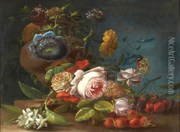 Vade De Fleurs, Fruits Et Insectes Sur Un Entablement Oil Painting - Hendrik de Fromantiou