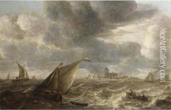 A River Landscape With Fishing 
Boats In A Strong Breeze Before A Town, Probably Dordrecht Oil Painting - Abraham Hendrickz Van Beyeren