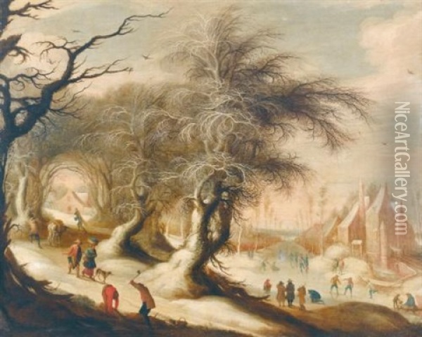 A Winter Landscape With Skaters On A Frozen River And Peasants Collecting Wood Oil Painting - Gysbrecht Leytens