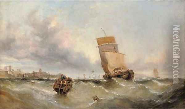A Boulogne lugger caught in a swell off a French Channel port Oil Painting - William Calcott Knell